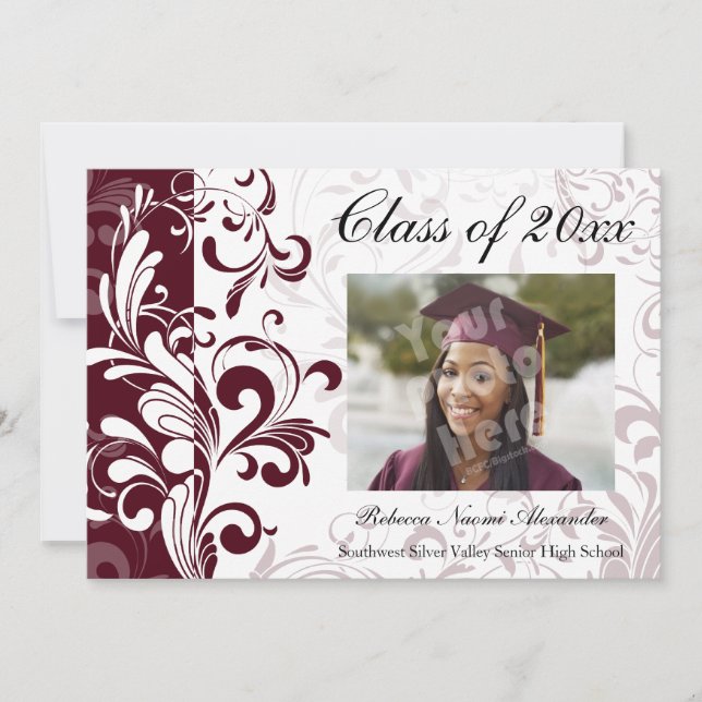 Burgundy/White Swirl Photo Graduation Faire-part (Devant)