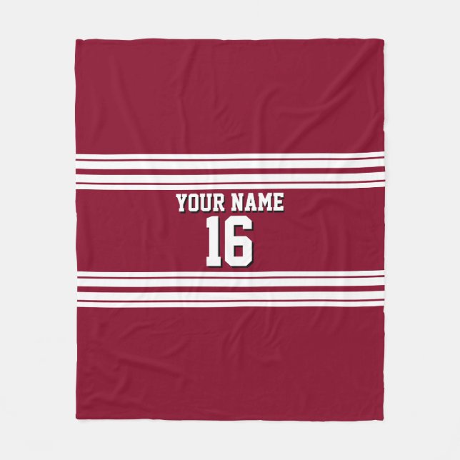 Burgundy White Team Jersey Custom Number Name Fleece Blanket (Front)