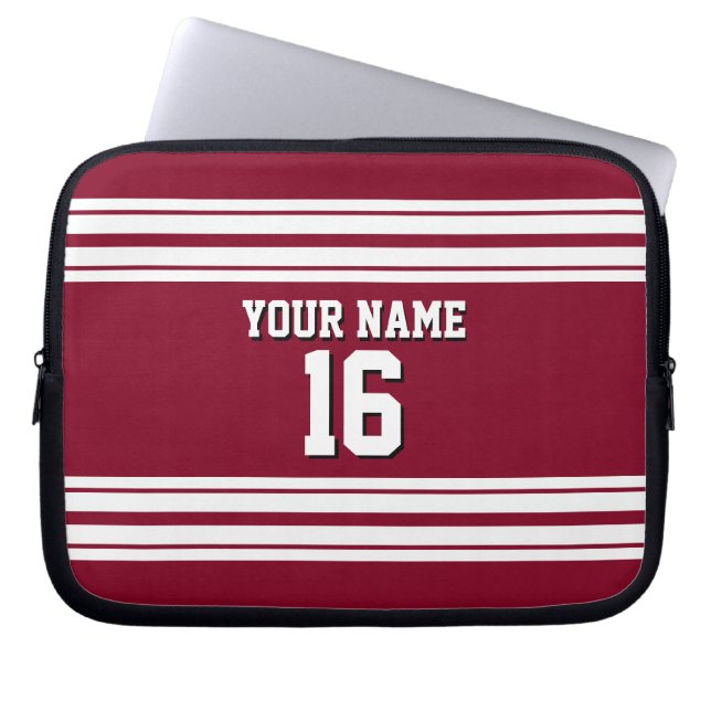 Burgundy White Team Jersey Custom Number Name Laptop Sleeve (Front)
