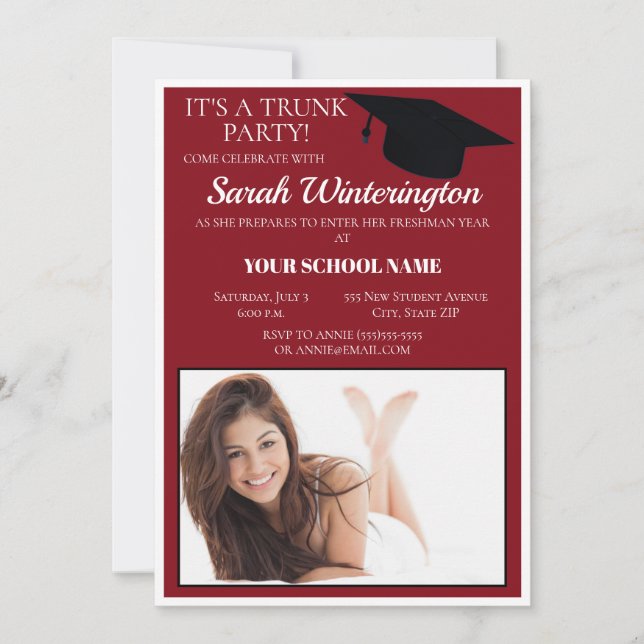 Burgundy White Trunk College Party Photo Invitation (Front)