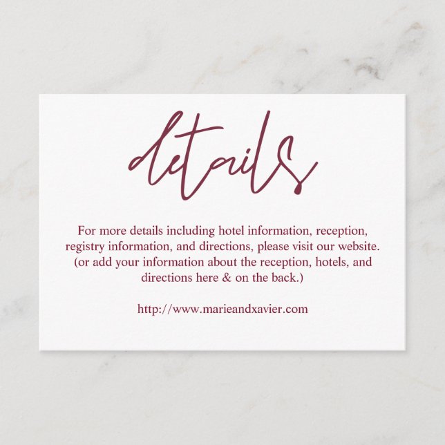 Burgundy & White Typography Script Details Enclosure Card (Front)