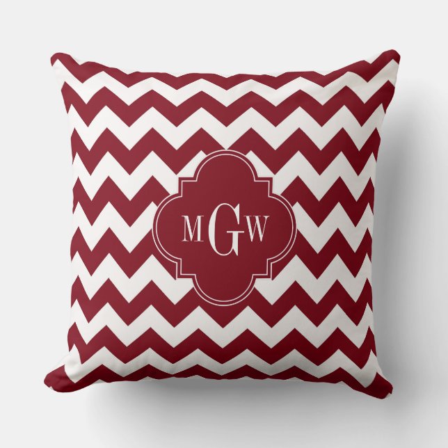 Burgundy Wht Chevron Burgundy 3 Initial Monogram Throw Pillow (Front)