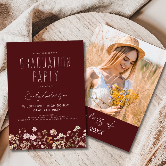 Burgundy Wildflower Bloom Graduation Party Invitation (Creator Uploaded)