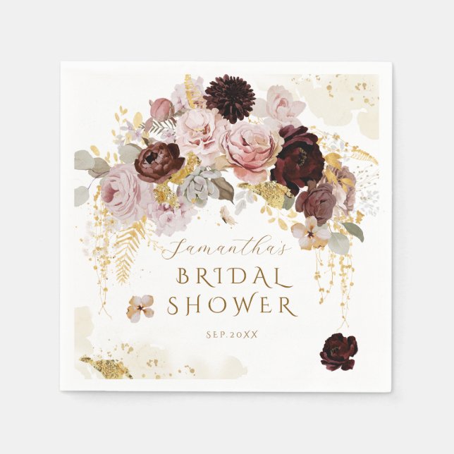 Burgundy Wildflower Garden Floral Bridal Shower Napkin (Front)