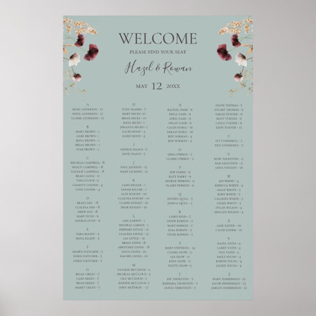 Burgundy Wildflower | Light Teal Seating Chart (Front)
