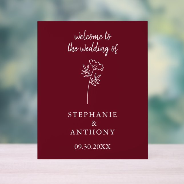 Burgundy Wildflower Wedding   Acrylic Sign (Neutral)