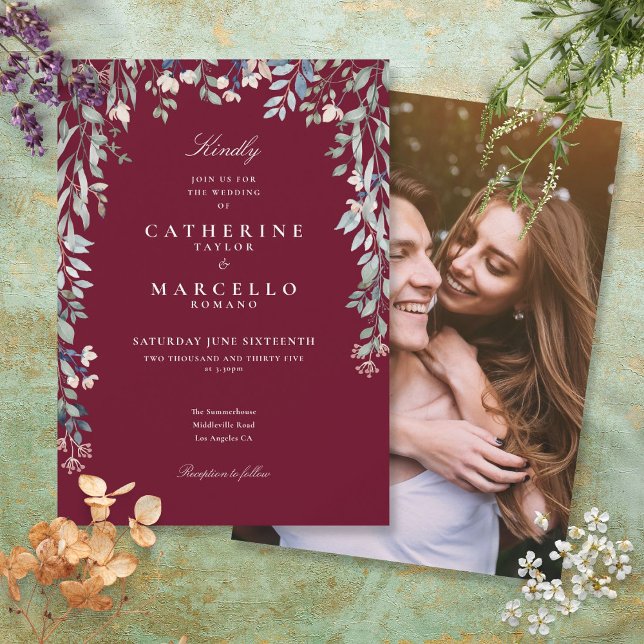 Burgundy Wildflowers Floral Photo Wedding Invitation (Creator Uploaded)