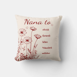 Burgundy Wildflowers Grandchildrens Names Nana Throw Pillow