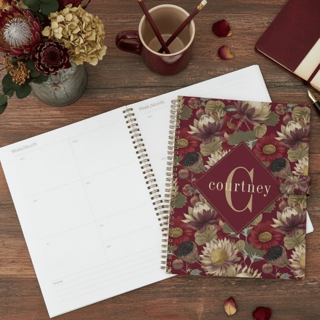 Burgundy William Morris Floral Elegant Monogram  Planner (Creator Uploaded)
