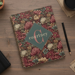 Burgundy William Morris Floral Élégant Monogramme 