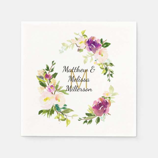 Burgundy Wine and Pink Watercolor Floral Wedding Napkin (Front)