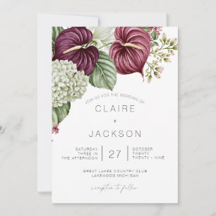 Burgundy Wine Anthurium and Hydrangea Wedding Invitation