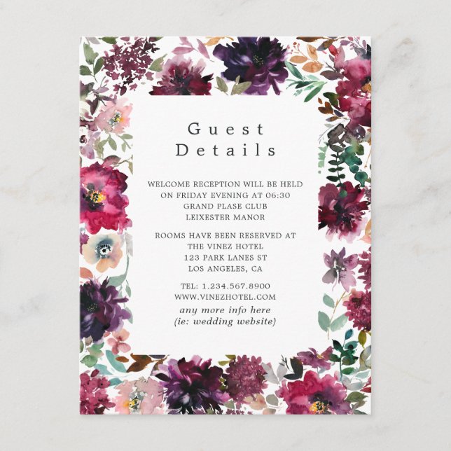 Burgundy Wine Boho Floral Wedding Guest Details Enclosure Card (Front)