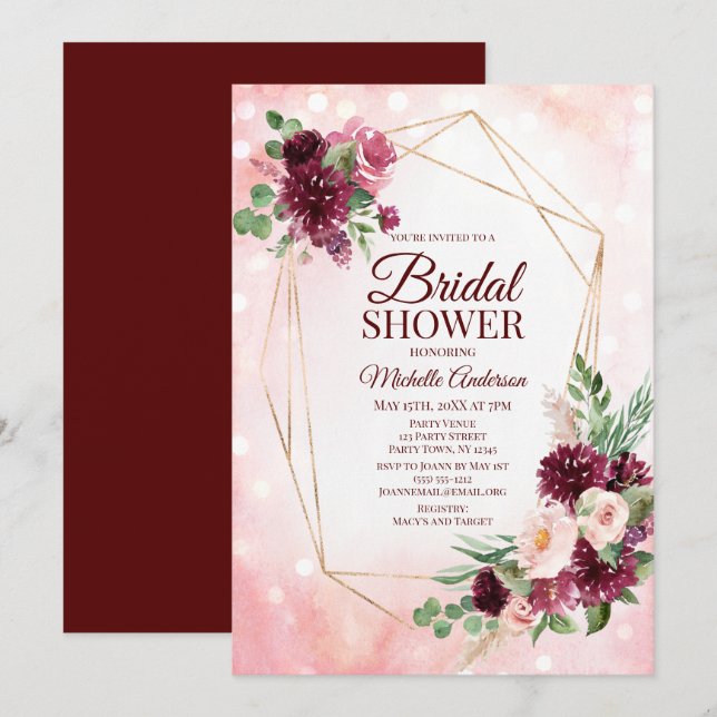 Burgundy Wine Boho Watercolor Floral Bridal Shower Invitation (Front/Back)