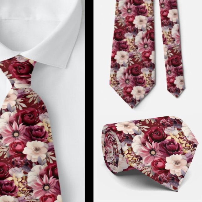 Burgundy Wine Boho Watercolor Flowers Tie (Creator Uploaded)