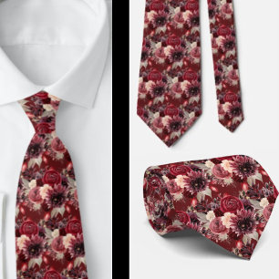 Burgundy Wine Boho Watercolor Flowers Tie