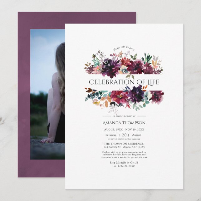 Burgundy Wine Colour Floral Celebration of Life Invitation (Front/Back)