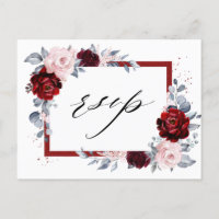 Burgundy Wine Dusty Blue Slate Floral Wedding RSVP