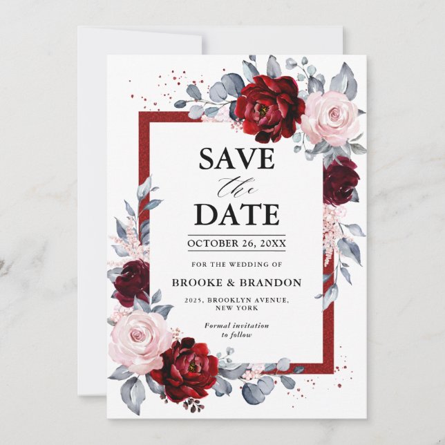 Burgundy Wine Dusty Blue Slate Save the Date (Front)