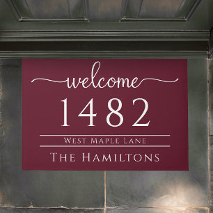 Burgundy wine family name personalized address doormat