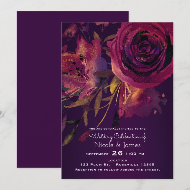 Burgundy Wine Floral Rose Purple Bold Wedding Invitation (Front/Back)