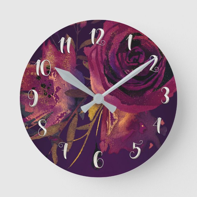 Burgundy Wine Floral Rose Purple Modern Glam Round Clock (Front)
