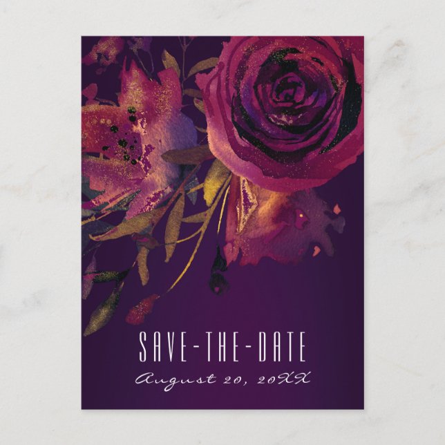 Burgundy Wine Floral Rose Purple Save the Date Announcement Postcard (Front)