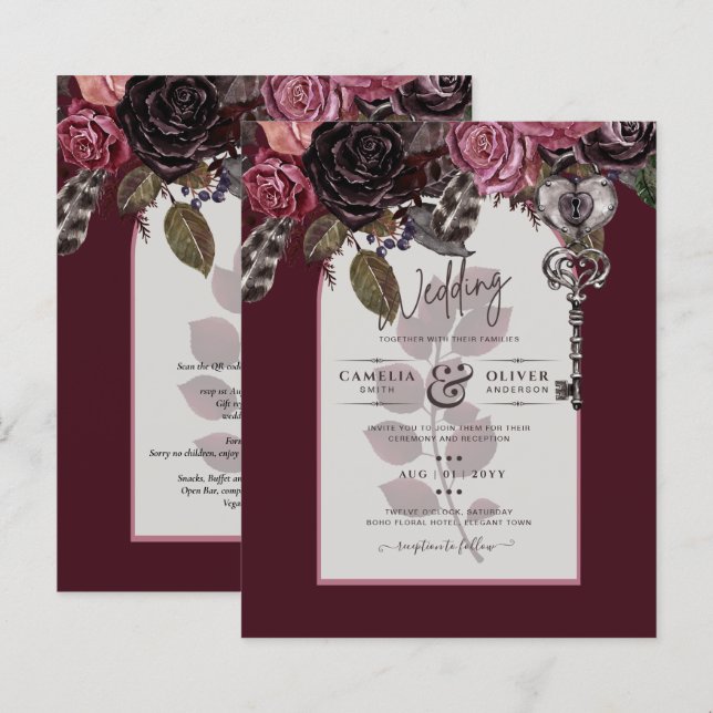 Burgundy Wine Floral Wedding Fall Winter INVITE (Front/Back)