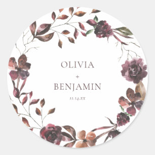Burgundy Wine Floral Wreath Personalized Wedding Classic Round Sticker