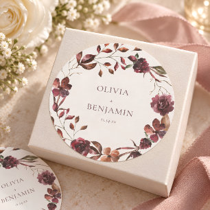 Burgundy Wine Floral Wreath Personalized Wedding Classic Round Sticker