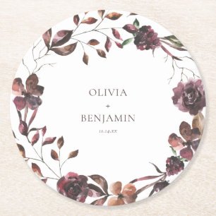 Burgundy Wine Floral Wreath Personalized Wedding Round Paper Coaster
