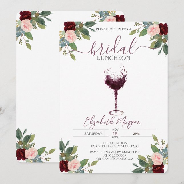 Burgundy Wine Glass Roses Bridal Luncheon  Invitation (Front/Back)