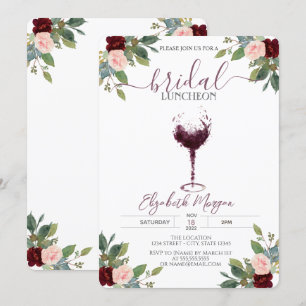 Burgundy Wine Glass Roses Bridal Luncheon Invitation