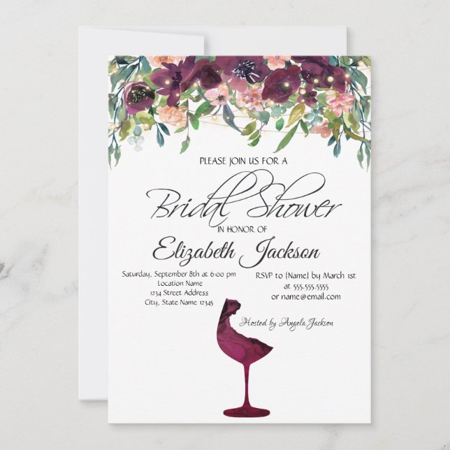 Burgundy Wine Glass  Roses Bridal Shower  Invitation (Front)