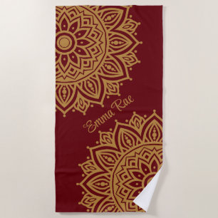 Burgundy Wine & Gold Mandala Flower Beach Towel