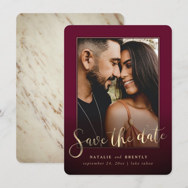 Burgundy Wine Gold Script & Marble Photo Overlay Save The Date (Front/Back)
