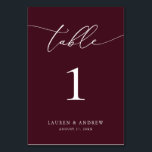 Burgundy Wine Minimalist Wedding | Event Custom Table Number<br><div class="desc">(**PLEASE NOTE: To order,  simply adjust your table number (and name/date) and add each number to your cart separately. Then check out once you are finished.) Beautiful,  elegant,  modern and minimalist,  table number card. Fully customizable with your names (or Event Name) and Date.</div>