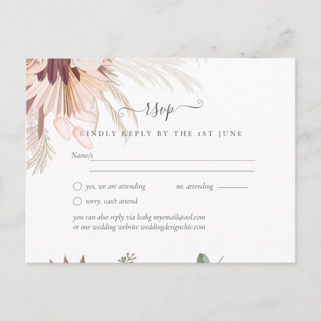 Burgundy Wine Pampas Grass Tropical Wedding Postcard (Front)