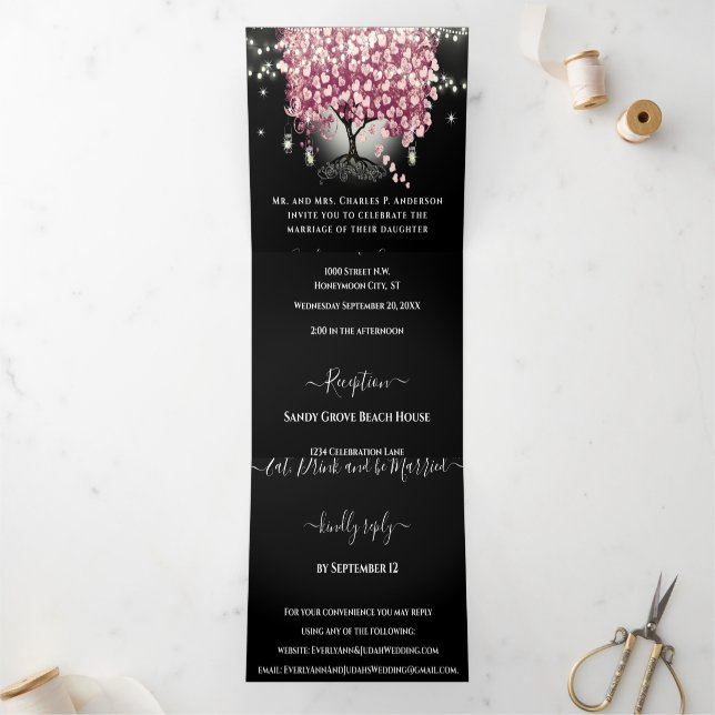 Burgundy Wine Red & Pink Heart Leaf Tree Wedding Tri-Fold Invitation (Inside)