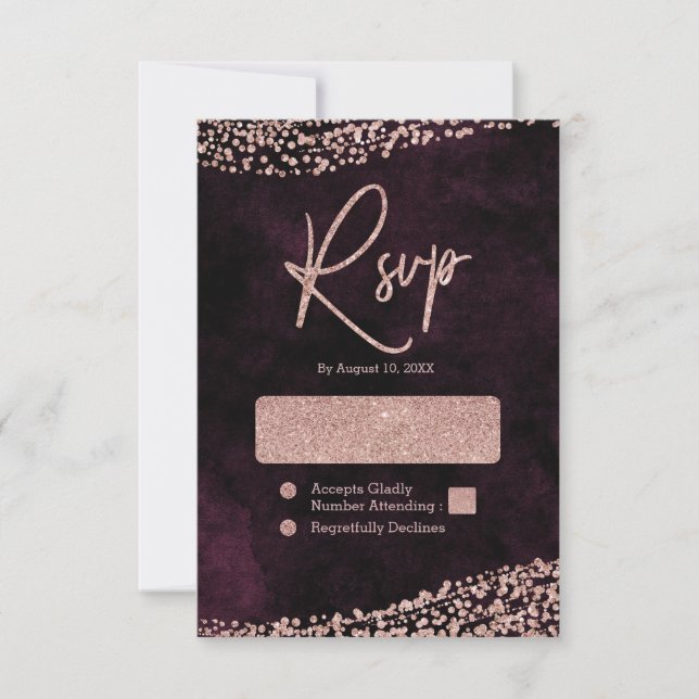 Burgundy Wine & Rose Gold Confetti Wedding RSVP Card (Front)