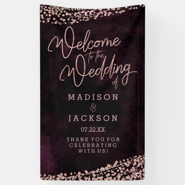 Burgundy Wine Rose Gold Confetti Wedding Welcome Banner (Vertical)