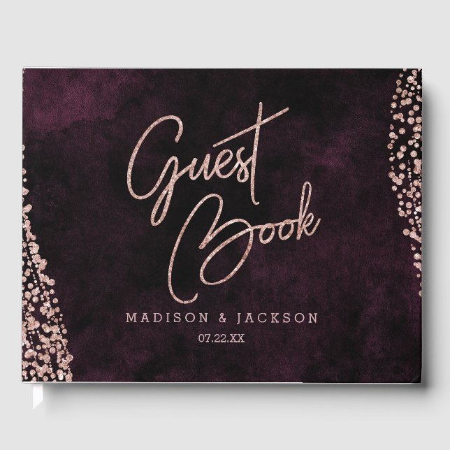 Burgundy Wine & Rose Gold Glam Wedding Monogram Guest Book (Front)