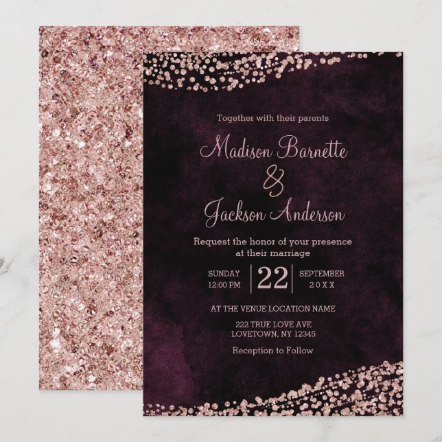 Burgundy Wine & Rose Gold Wedding Invitation (Front/Back)