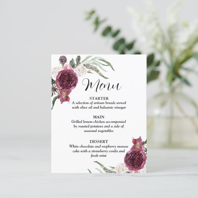 Burgundy Wine Sangria Forest Green Wedding Menu (Standing Front)