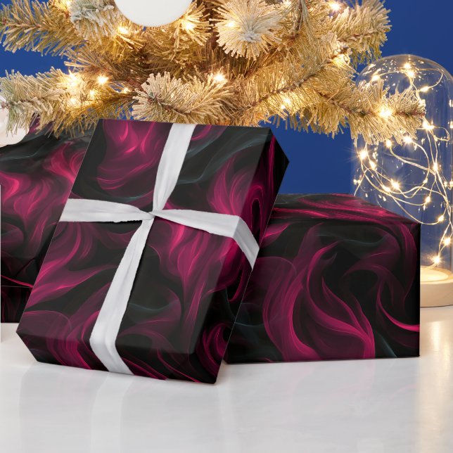 Burgundy Wine Smoke Flow Black Abstract Pattern Wrapping Paper (Holidays)