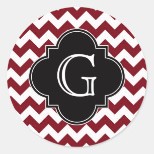 Burgundy Wine White Chevron Zig-Zag Black Monogram Classic Round Sticker