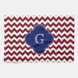 Burgundy Wine, White Chevron Zig-Zag Navy Monogram Kitchen Towel