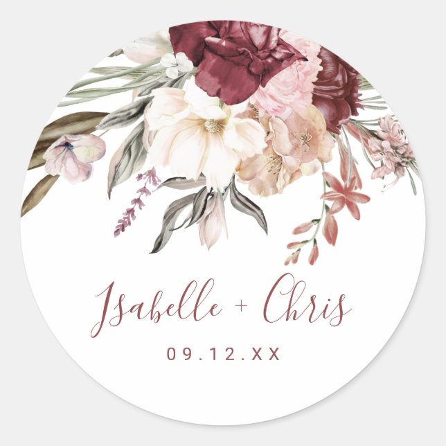 Burgundy Wine Wildflower Wedding  Classic Round Sticker (Front)