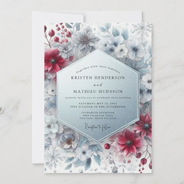 Burgundy Winter Bloom Wedding Invitation (Front)