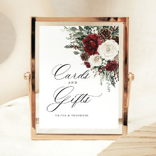Burgundy Winter Floral Cards & Gifts Wedding Table Pedestal Sign